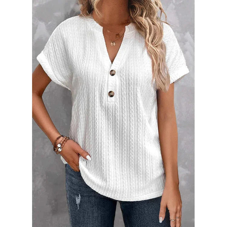 Women's Batwing Sleeve Solid Color And V-neck Button T-shirt - VAleG