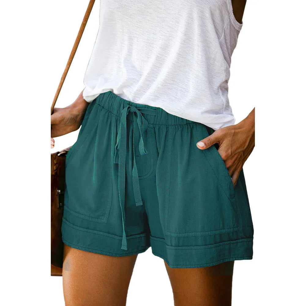 Wide leg loose high waist elastic lace-up shorts - VAleG