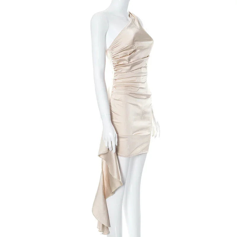 One-shoulder Sleeveless Mini Dress Sexy Slim Backless Skirt Party Wedding Dresses Womens Clothing - VAleG
