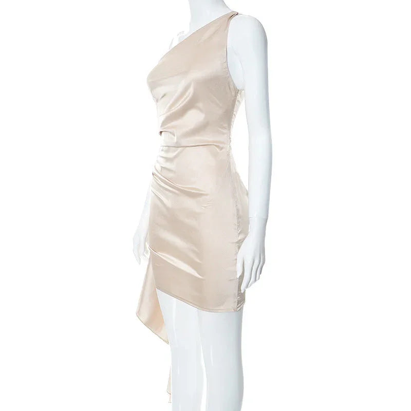 One-shoulder Sleeveless Mini Dress Sexy Slim Backless Skirt Party Wedding Dresses Womens Clothing - VAleG