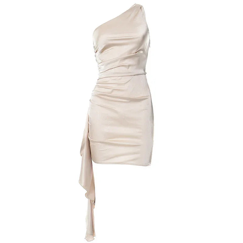 One-shoulder Sleeveless Mini Dress Sexy Slim Backless Skirt Party Wedding Dresses Womens Clothing - VAleG