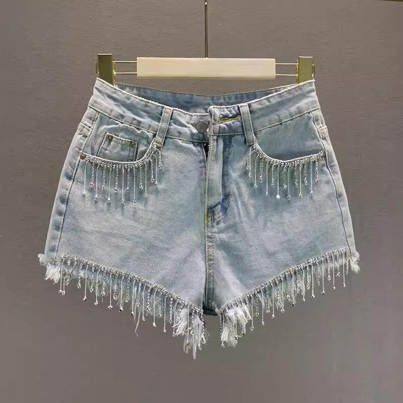 Summer High Waist Slimming Edging Heavy Industry Rhinestone Tassel Denim Shorts - VAleG