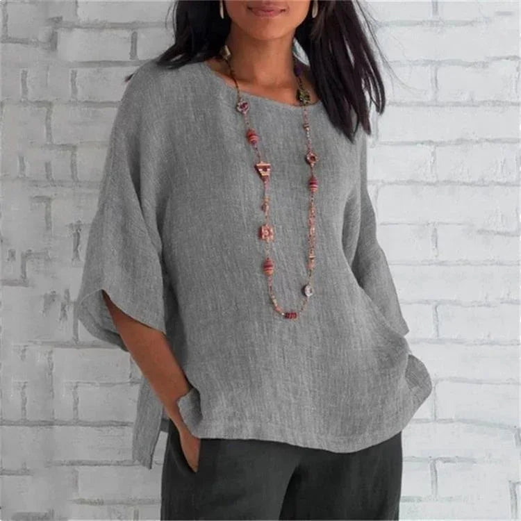 Sleeves round neck cotton and linen shirt - VAleG