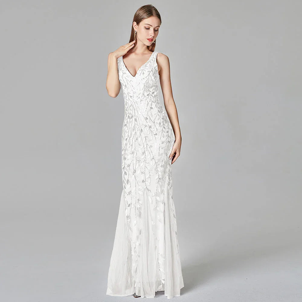 Sexy Long Dress Sleeveless V-neck Embroidered Sequin Slim Mermaid Dress - VAleG