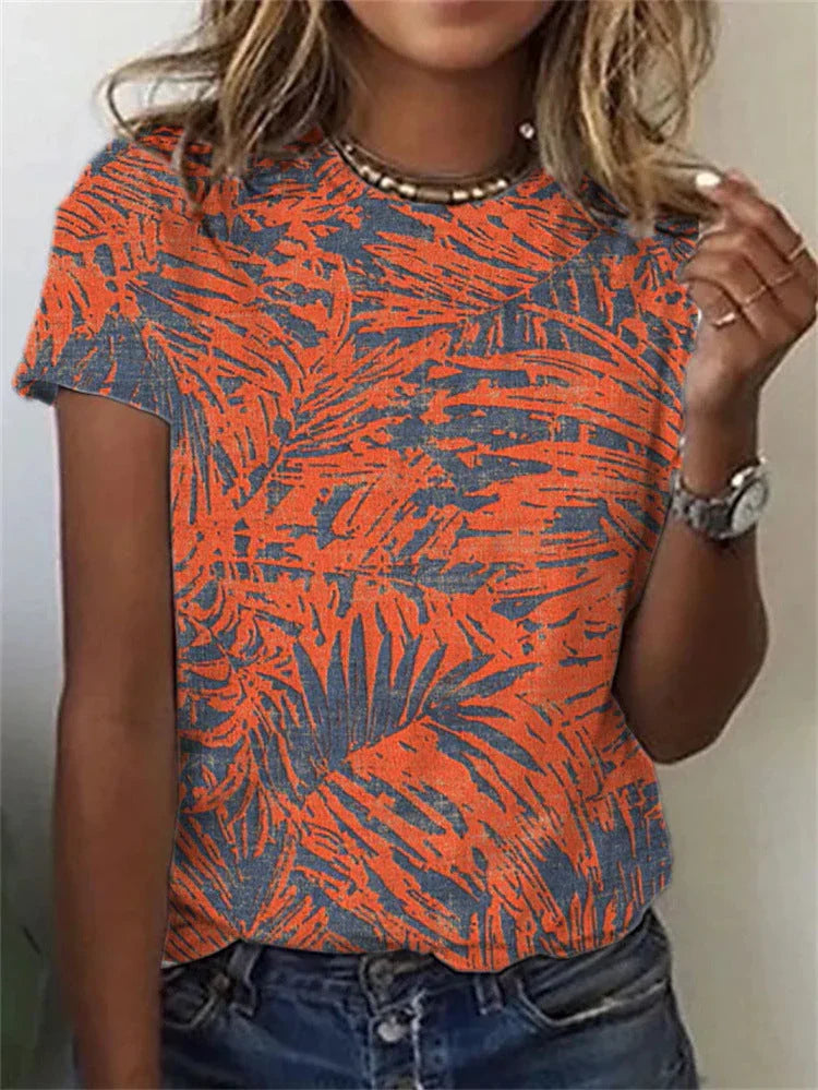 Round Neck Digital Print Short Sleeve Loose Women's T-Shirt - VAleG