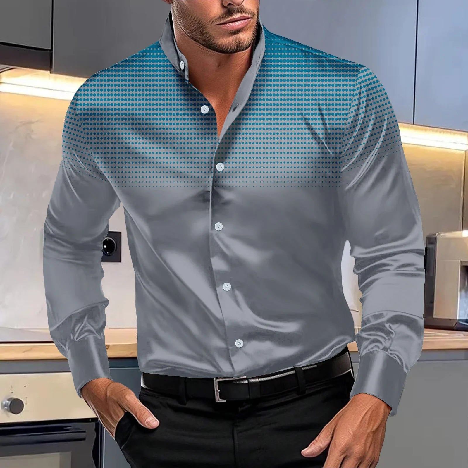 Four-sided Stretch Dotted Prints Daily Casual Stand Collar Long-sleeved Shirt - VAleG