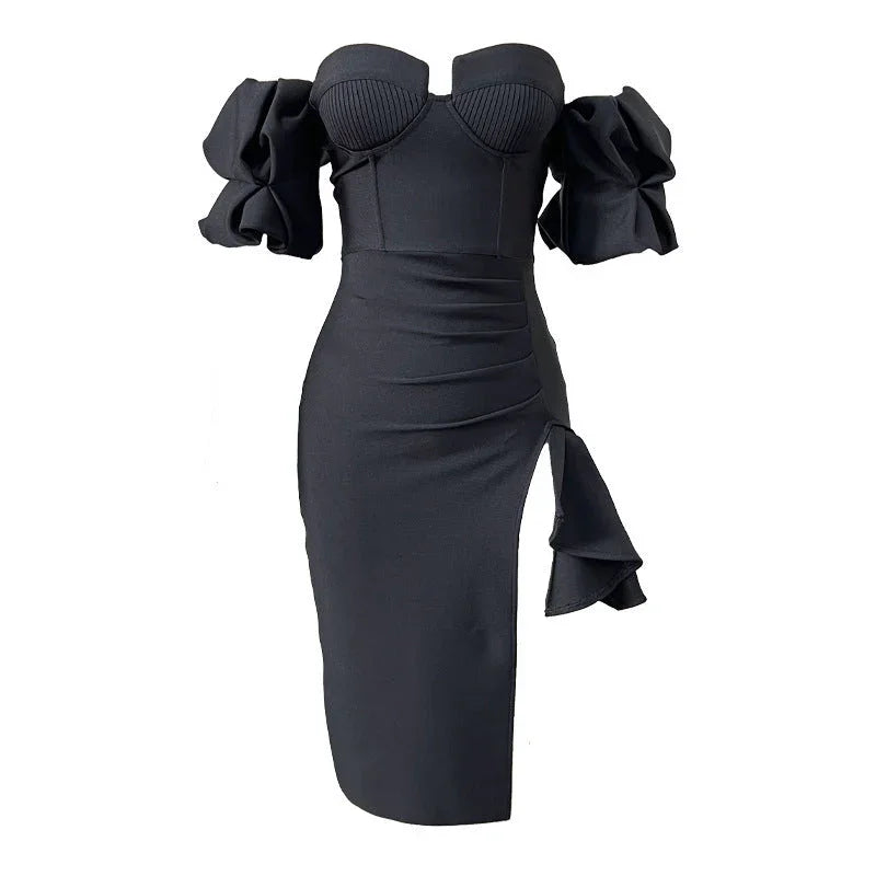 Women's Solid Color Lantern Sleeve Bandage Dress - VAleG