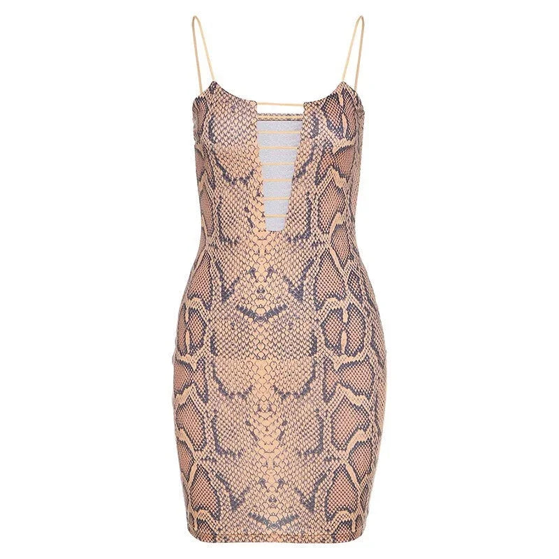 Snake Print Hollow Bag Hip Skirt Slim Dress - VAleG