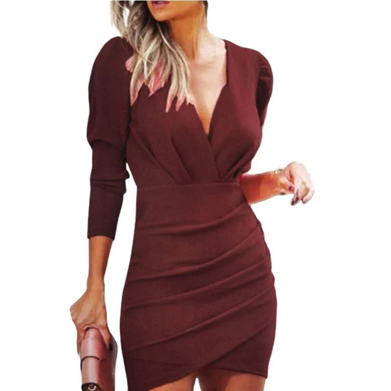 Thin Women's Solid Color Hedging Long Sleeve Dress - VAleG