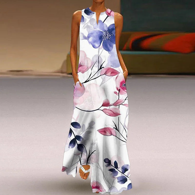 Printed V-neck Pocket Long Dress Swing - VAleG