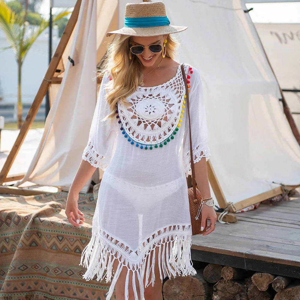Loose Fringed Holiday Style Beach Blouse - VAleG