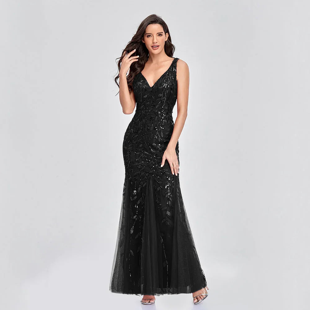 Sexy Long Dress Sleeveless V-neck Embroidered Sequin Slim Mermaid Dress - VAleG
