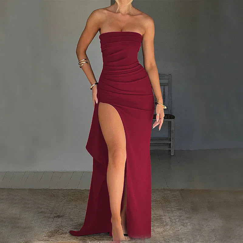 Strapless Split Long Dress Summer Fashion Pleated Bridesmaid Dress For Womens Party Wedding Clothing - VAleG