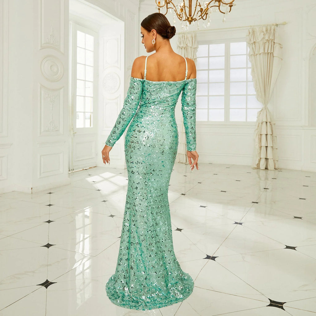 Long Sleeve Off-the-shoulder Banquet Sequined Sheath Fishtail Dress - VAleG