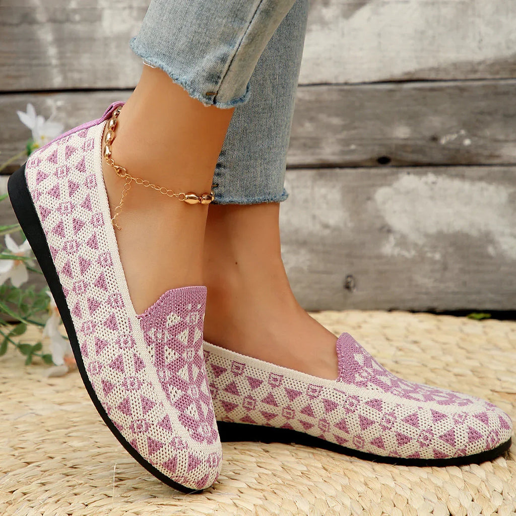 Printed Round Toe Flat Shoes Fashion Casual Hollow Breathable Knitted Shoes Loafers For Women - VAleG