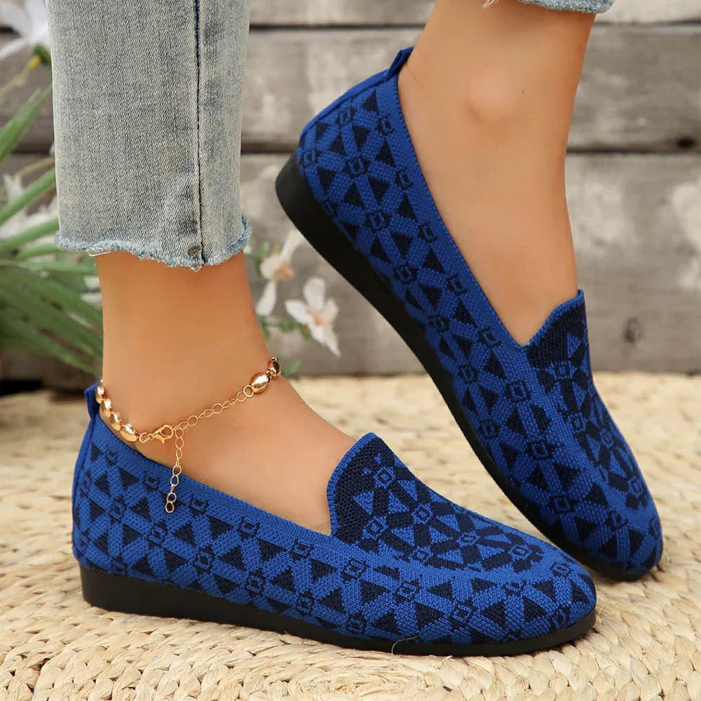 Printed Round Toe Flat Shoes Fashion Casual Hollow Breathable Knitted Shoes Loafers For Women - VAleG
