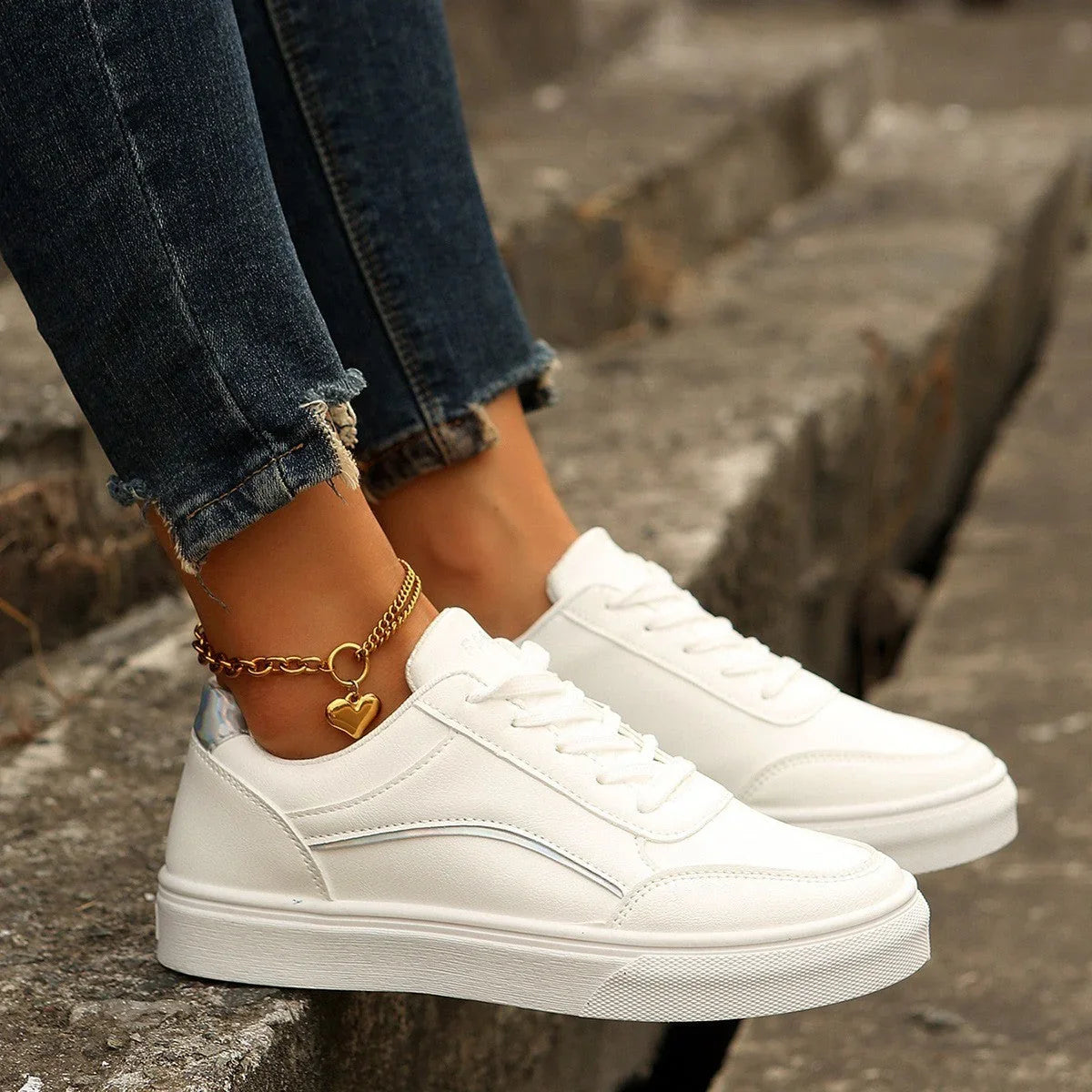 Lace-up White Flats Shoes Fashion Round Toe Slip-on Thick Sole Casual Shoes For Women - VAleG