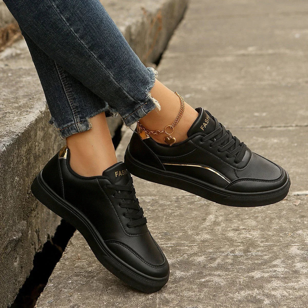 Lace-up White Flats Shoes Fashion Round Toe Slip-on Thick Sole Casual Shoes For Women - VAleG