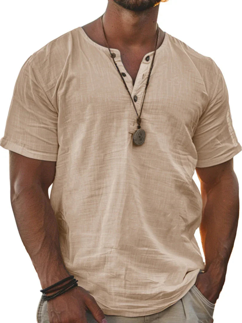 Men's Fashion Wear Men's Stand Collar Half Cardigan 4 Button Short Sleeve Shirt - VAleG