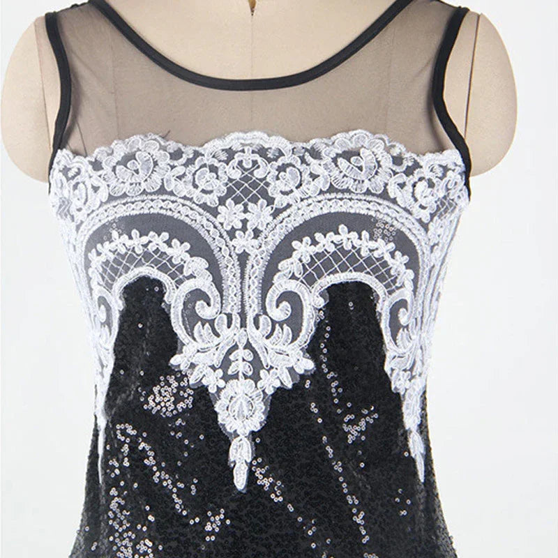Europe and America long skirt sexy sleeveless sequin mesh stitching banquet evening dress dew backpack hip fishtail mopping dress - VAleG