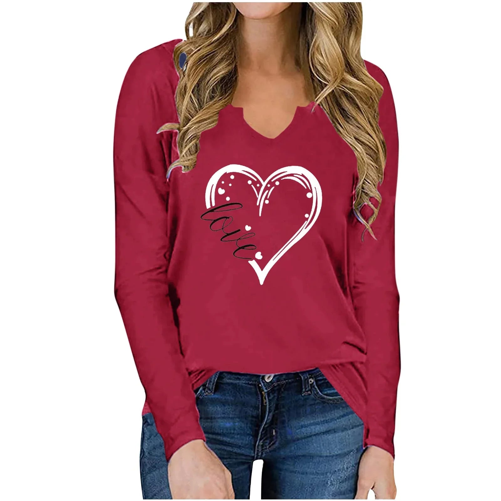 Vneck Valentines Day Printed Tshirt Cross-border Longsleeved Loose Top - VAleG