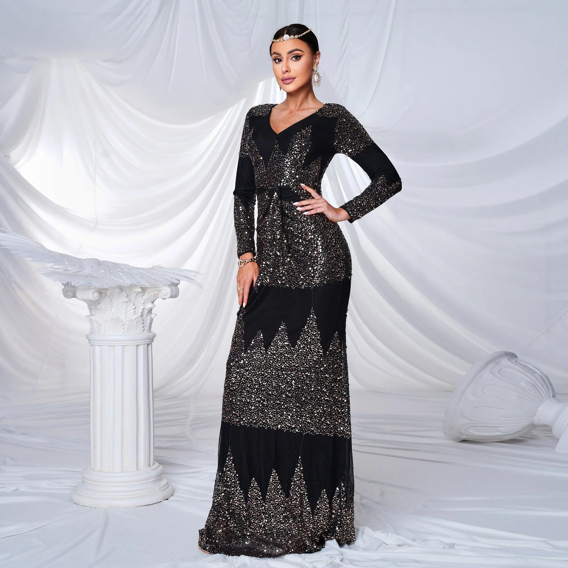 Long Sleeve V-neck Sexy Slim-fit Long Sequined Banquet Evening Dress - VAleG