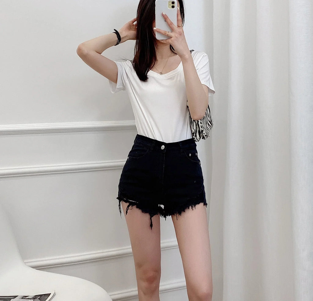 Fashion High Waist Ragged Denim Shorts - VAleG