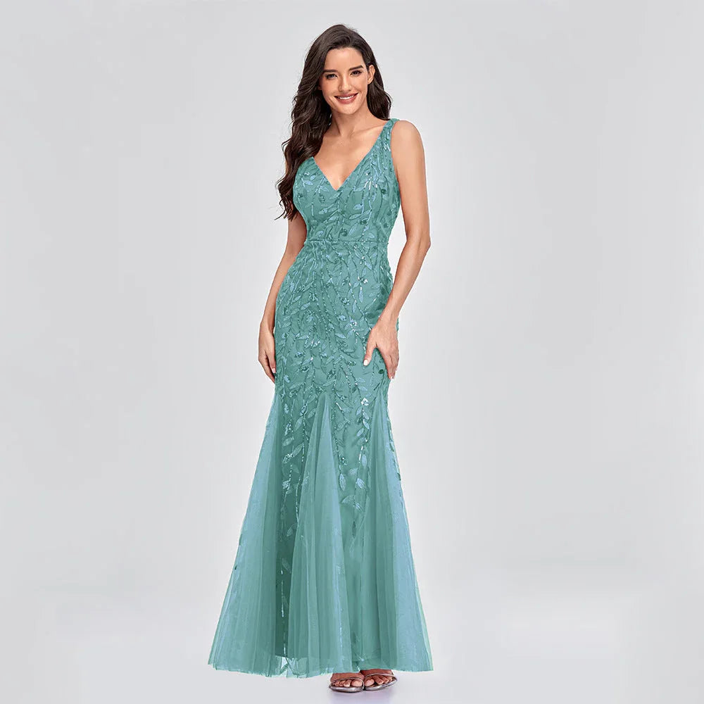 Sexy Long Dress Sleeveless V-neck Embroidered Sequin Slim Mermaid Dress - VAleG