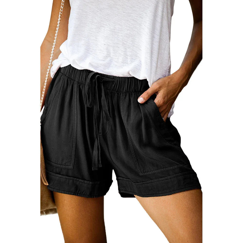 Wide leg loose high waist elastic lace-up shorts - VAleG