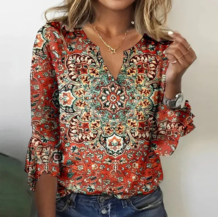 V Neck Printed Flare Sleeve T Shirt - VAleG