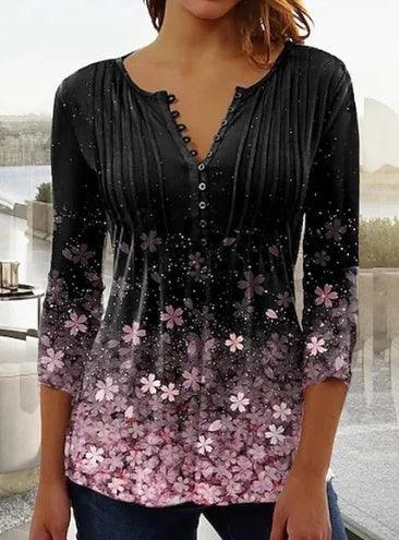 Women's Floral Printed V-neck Short Sleeve Button T-shirt - VAleG