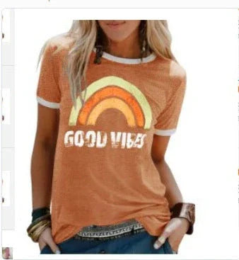 Women's Printed Round Neck Short Sleeve T-shirt - VAleG