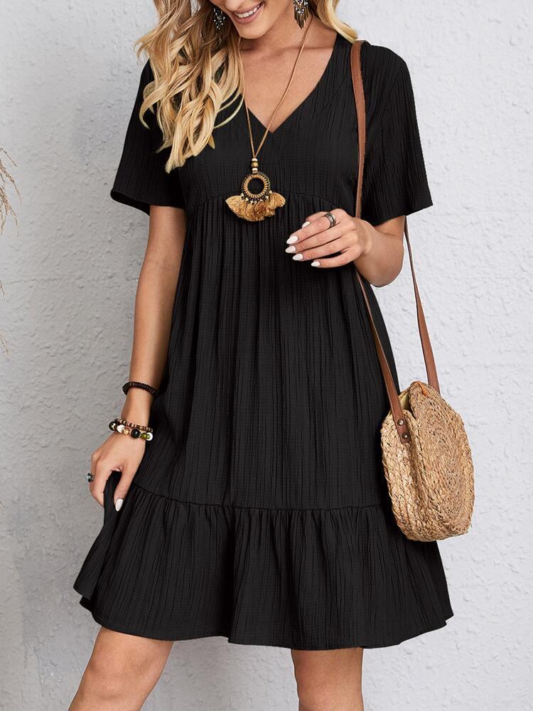 V-neck Short Sleeve Dress Summer Fashion Casual Loose Ruffled Dresses Beach Clothing Women - VAleG