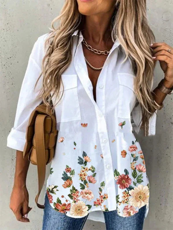 Women's Loose Flower Print Long-sleeved Shirt - VAleG