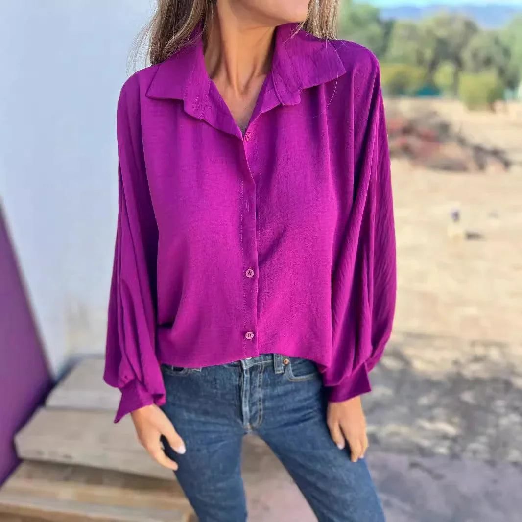 Women's Long-sleeved Lapel Button Shirt Top - VAleG
