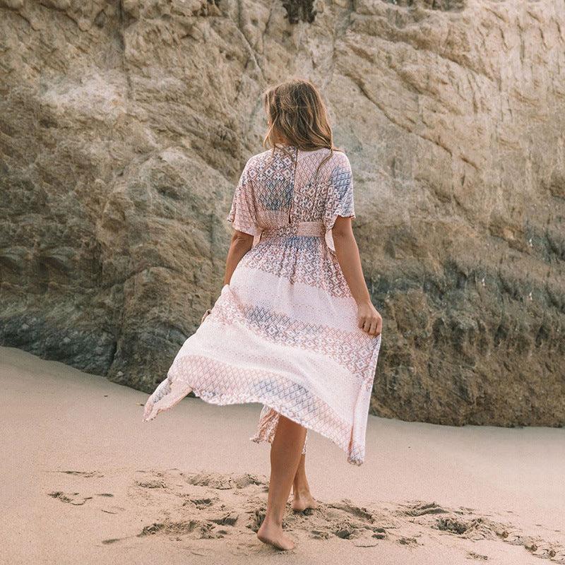 Women's Flowers Printed Dress Bohemian Irregular Beach Clothes - VAleG