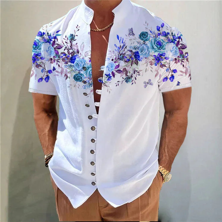 Men's Printed Stand Collar Short Sleeve Button Shirt - VAleG