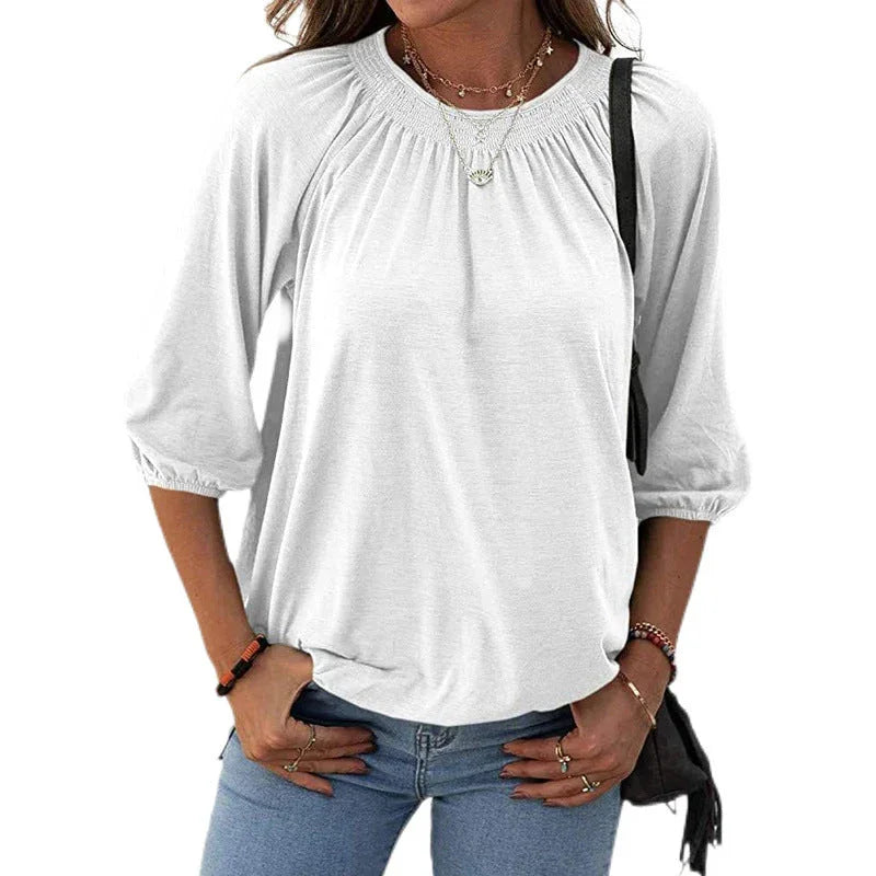 Women's Autumn Hot Selling Temperament Pullover Round Neck Loose Three-quarter-length-sleeved T-shirt - VAleG