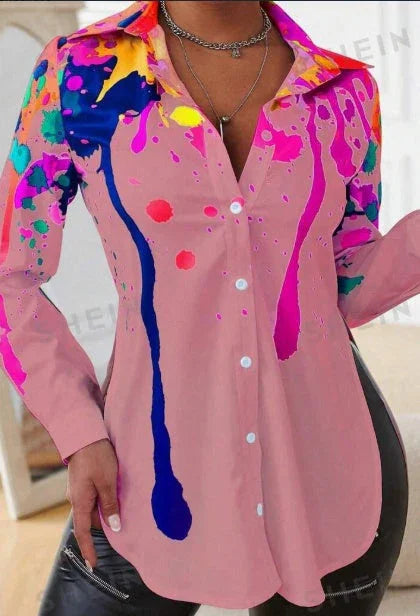 Spring And Autumn Leisure Ink-Splash Printed Side Slit Long Sleeve Shirt - VAleG