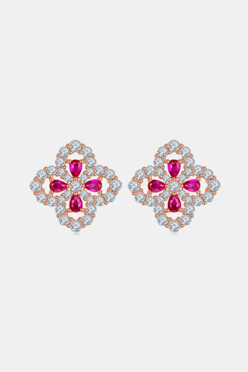 925 Sterling Silver Lab-Grown Ruby Flower Shape Stud Earrings - VAleG