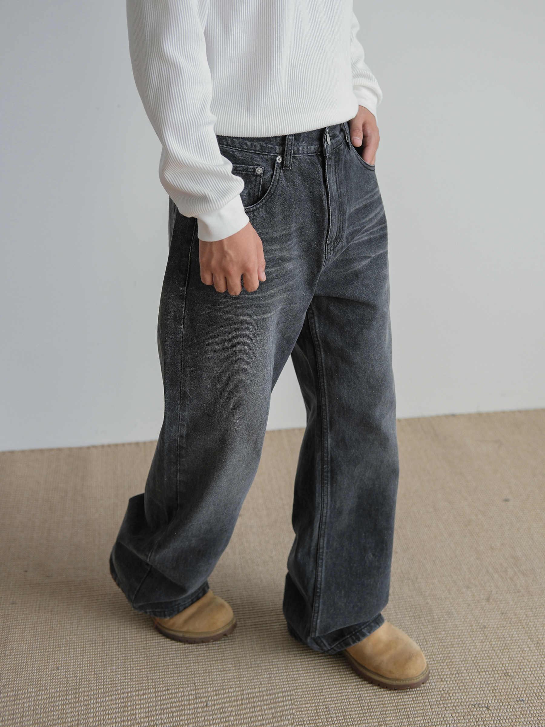 Men's Straight Retro Black Washed Jeans - VAleG