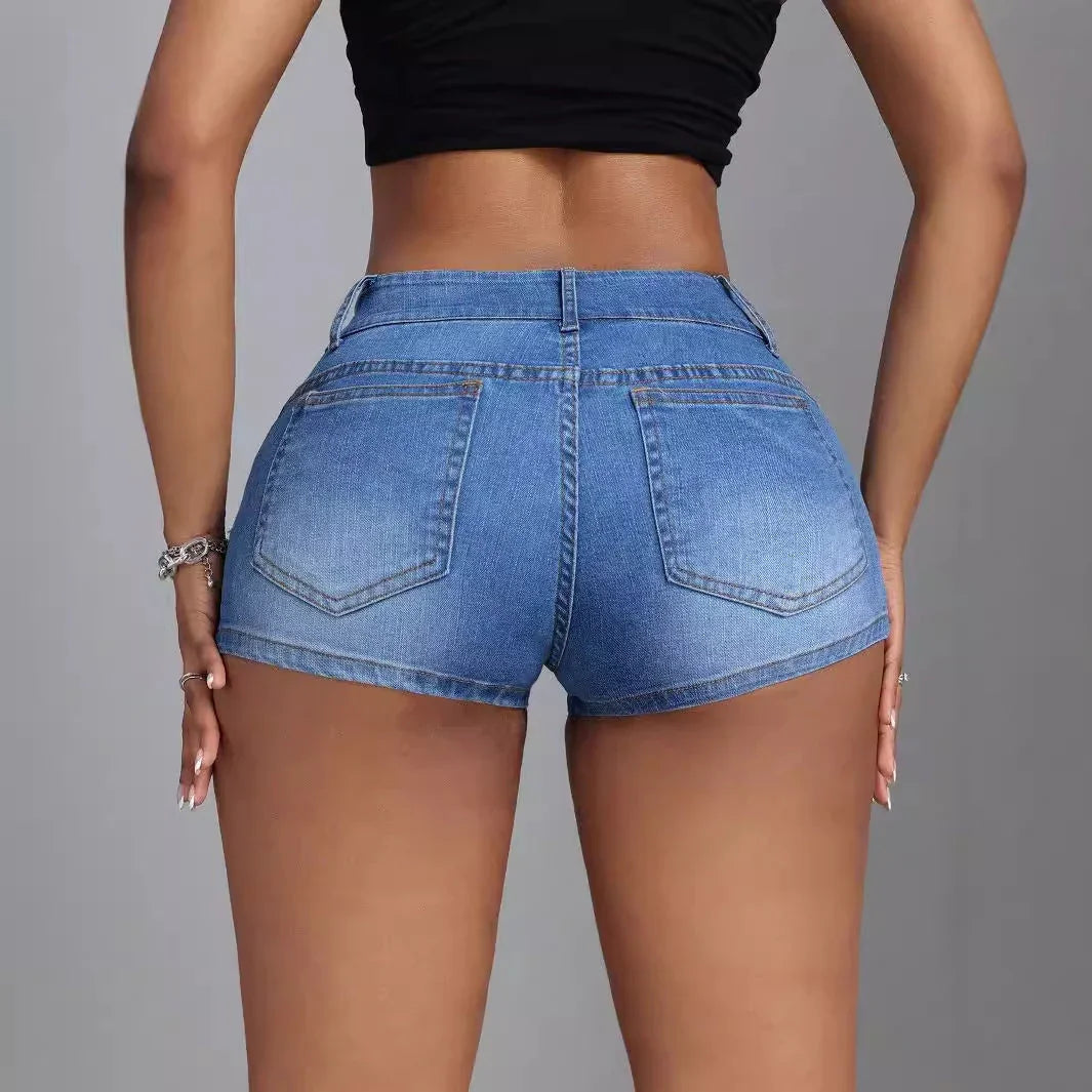 Mid-low Waist Beaded Mid-elastic Denim Shorts - VAleG