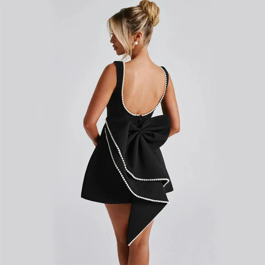 Fashion Big-Bowed Pearls Backless Dress Summer Slim Sleeveless A-line Dresses For Party Evening Women's Clothing - VAleG