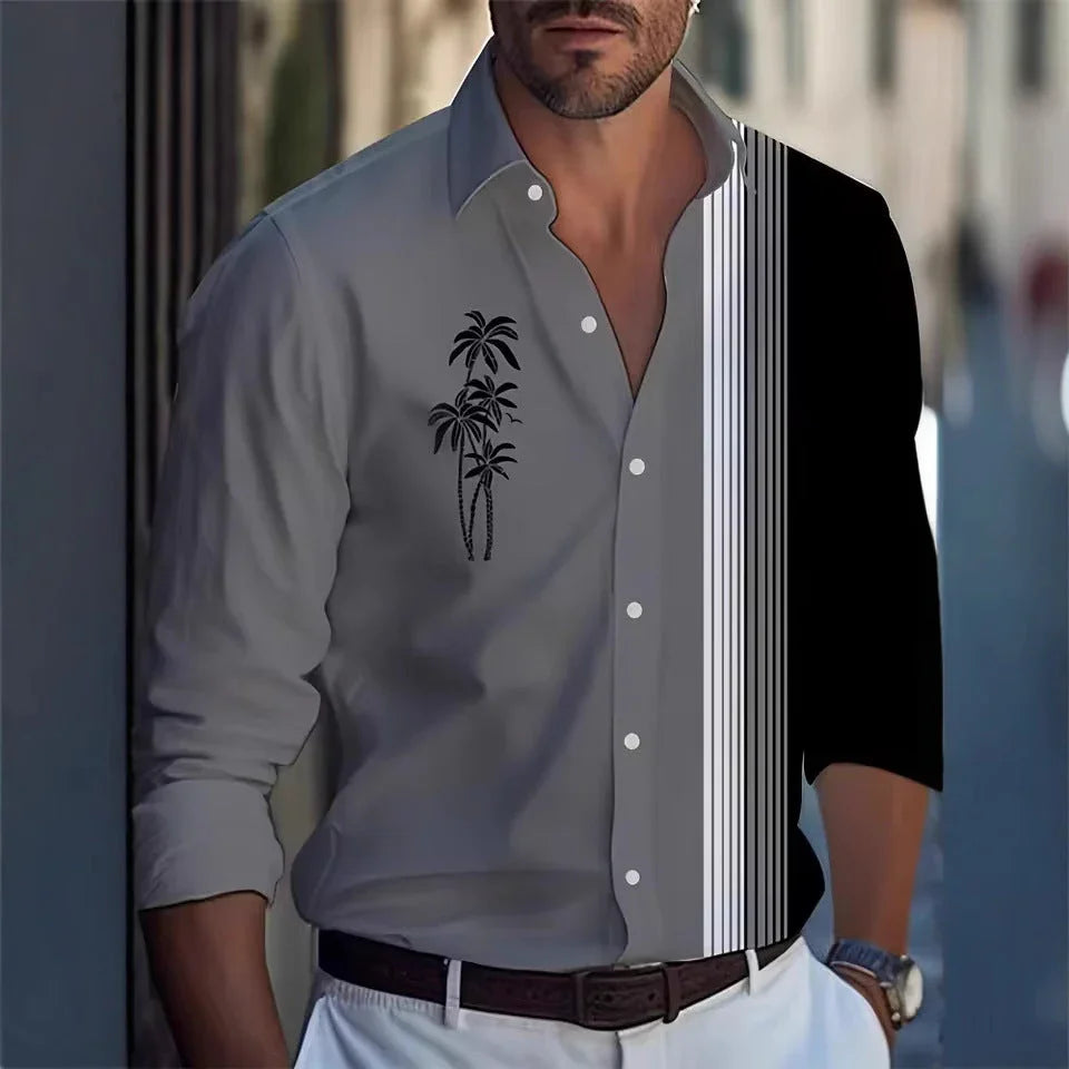 Men's Long Sleeve Shirt Palm Tree And Striped Printed Shirt Everyday Fashion Men's Casual Shirt - VAleG