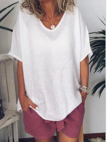 Cotton And Linen Solid Color Short-sleeved T-shirt Women's Casual Coat - VAleG