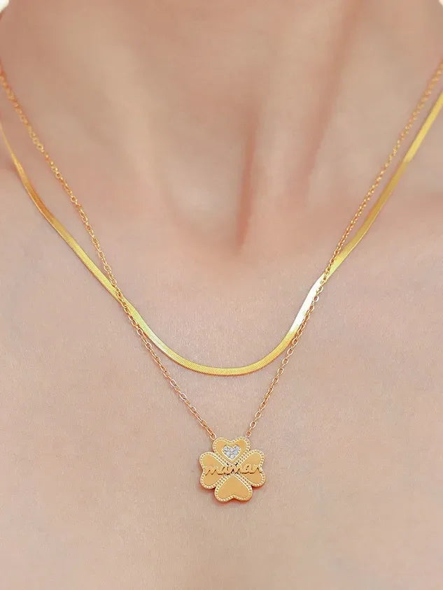 2 Piece 18K Gold-Plated Inlaid Zircon Lucky Clover Necklace - VAleG