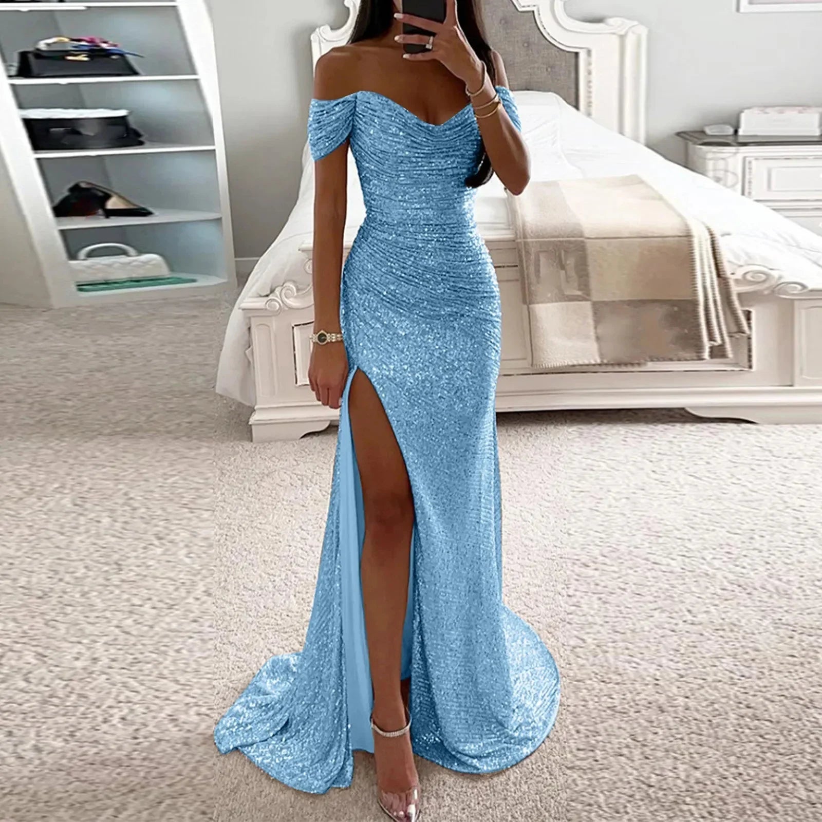 Female Creative Solid Color Sparkling Slit Dress - VAleG