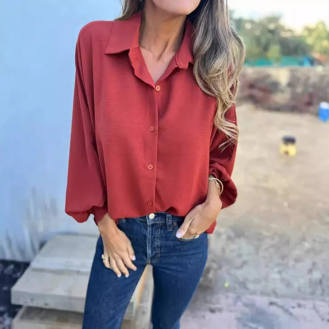 Women's Long-sleeved Lapel Button Shirt Top - VAleG
