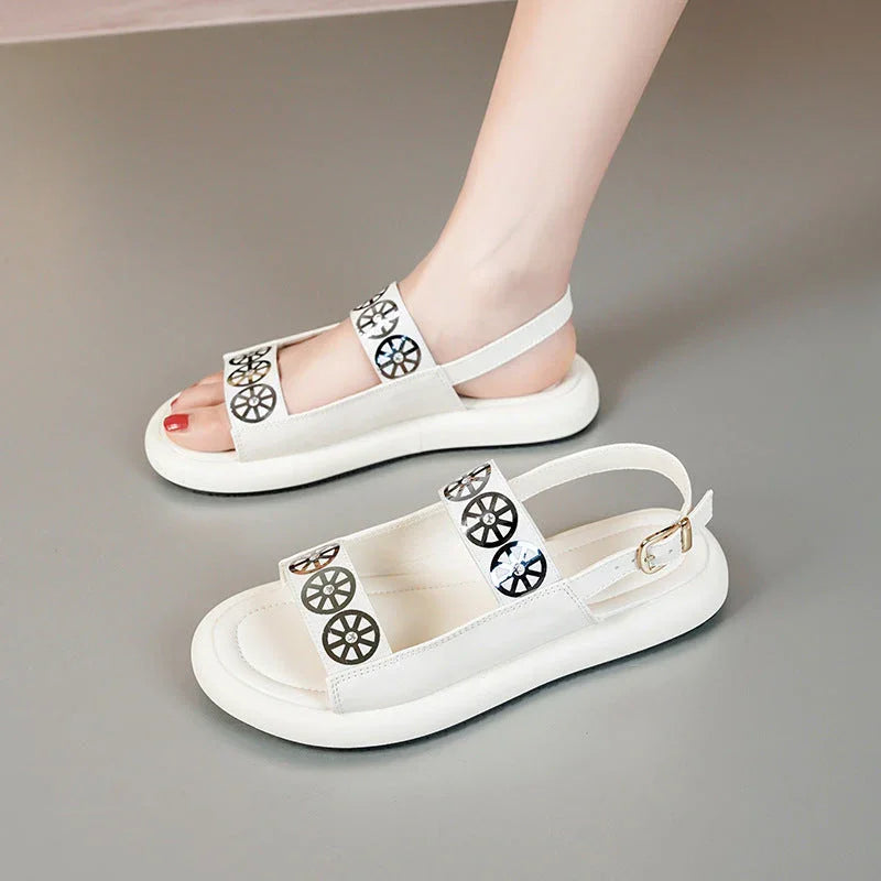 Women's Leather Velcro Flat Sandals - VAleG