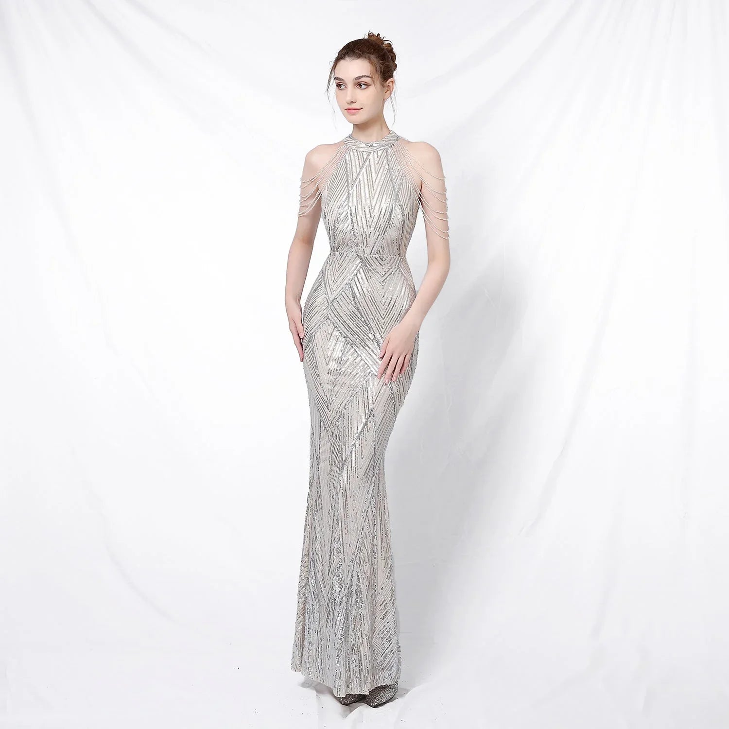 Backless Evening Dress Women Party Dress Long Wear Sequin Fabric Cheap - VAleG